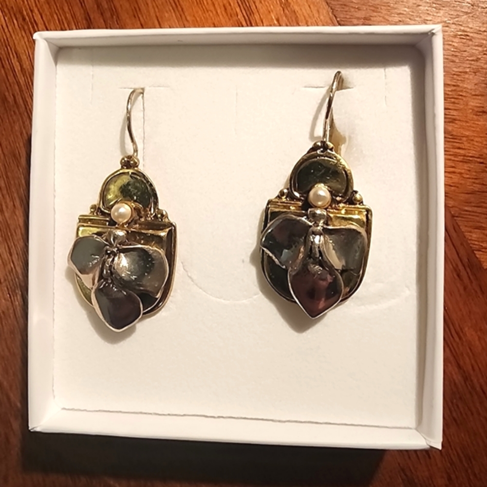 Gold, Silver, and Faux Pearl Dangle Earrings 1.5"